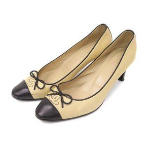Chanel Coco Mark Women Bicolor Beige/Black Calf Leather Pumps 11595